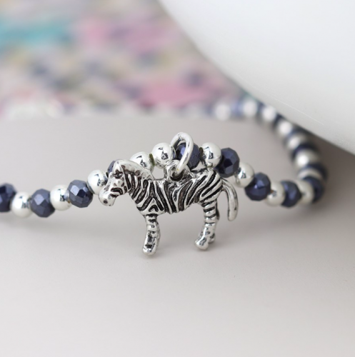 Silver Plated Midnight Bead Bracelet with Zebra by Peace of Mind